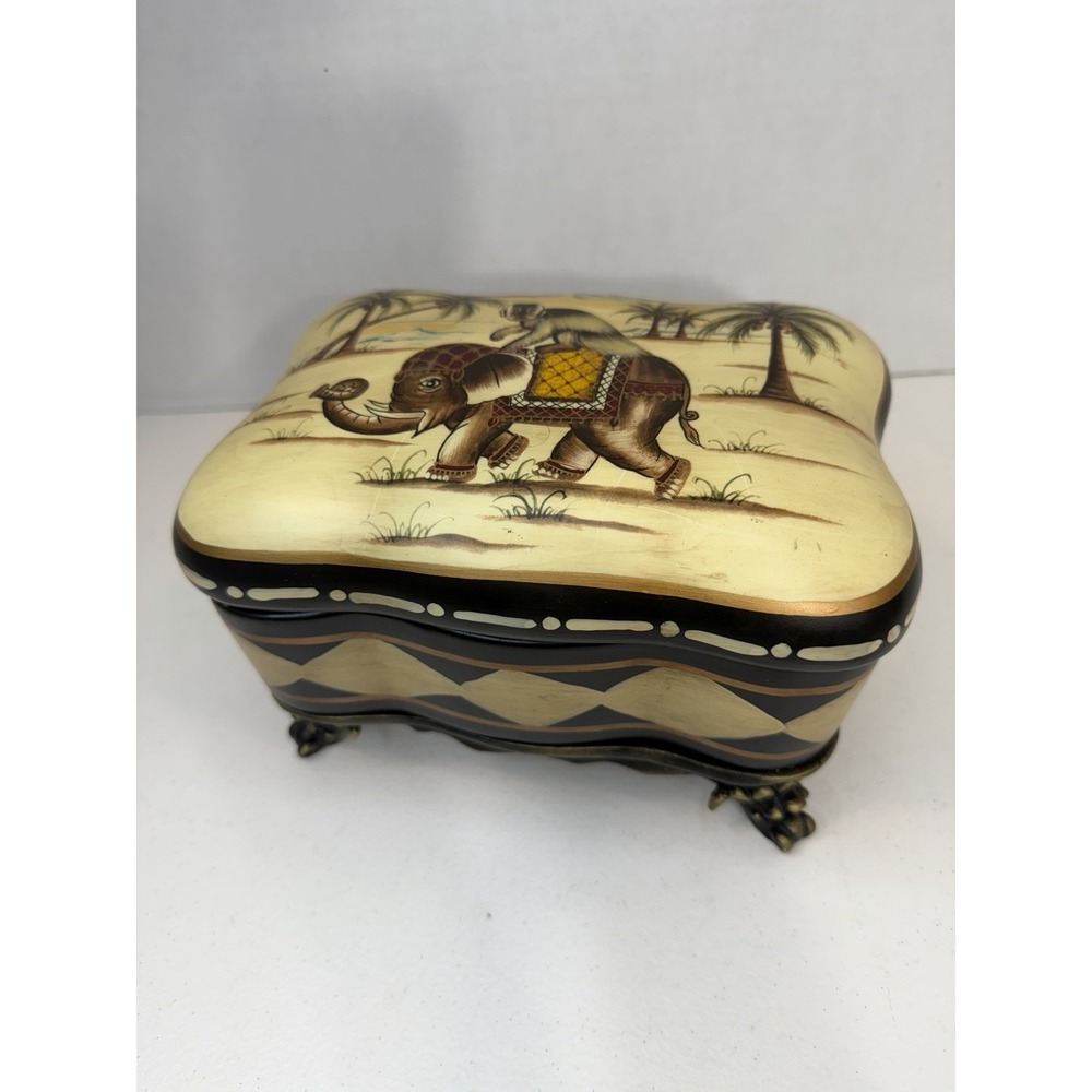 Vintage Hand Painted Ceramic Elephant Trinket Box Monkey Rider Hinged Jewelry
